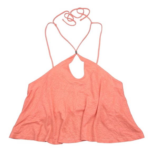 NWT FREE PEOPLE Long Weekend Linen Blend Keyhole Halter Top Sz Large Watermelon - Picture 2 of 6